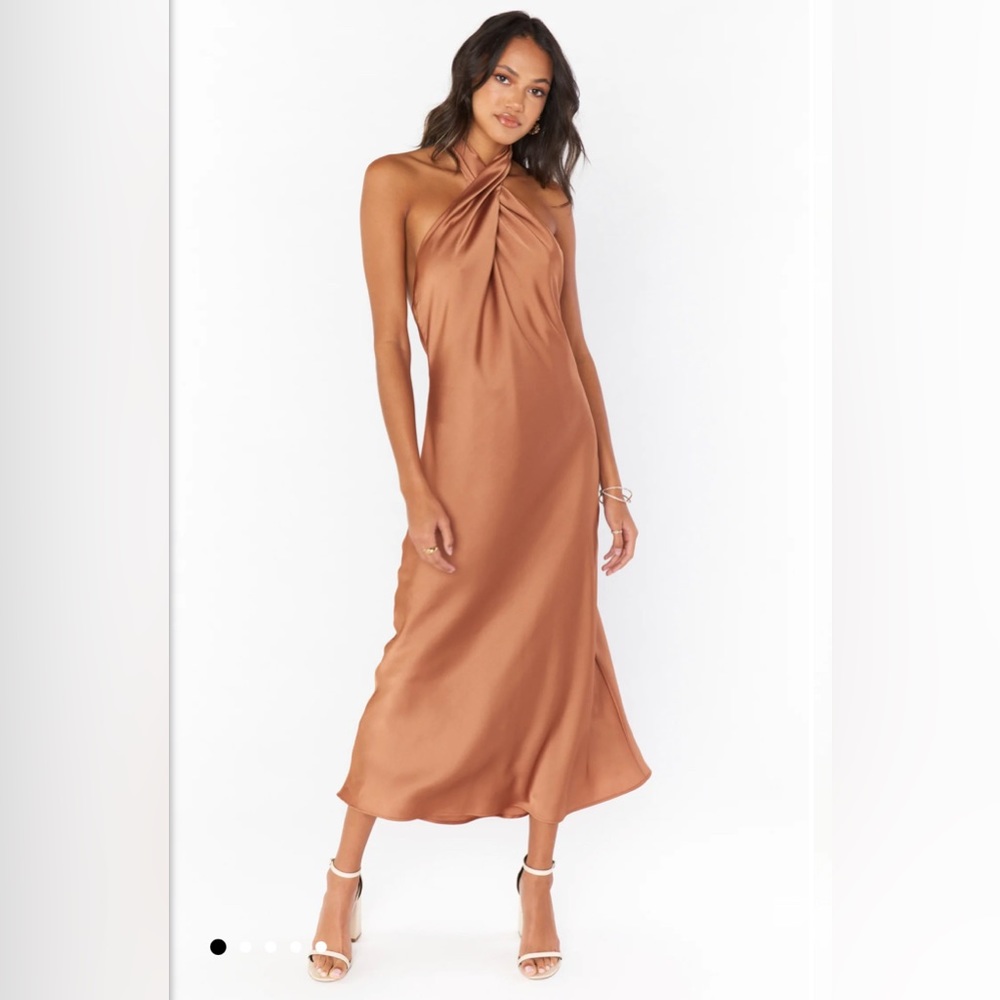 SHOW ME YOUR MUMU Jasmine Halter Midi Dress in Copper Luxe Satin (XXS)